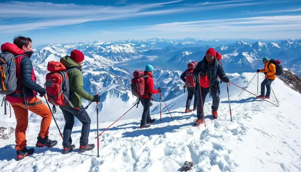 Climbers approaching the summit of Margherita Peak on Mount Stanley with glacier views