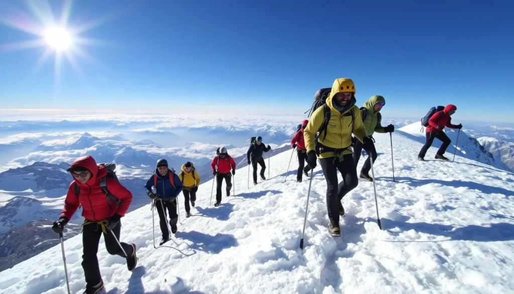 Climbers traversing the Jamapa Glacier on Pico de Orizaba with stunning views of the surrounding landscape
