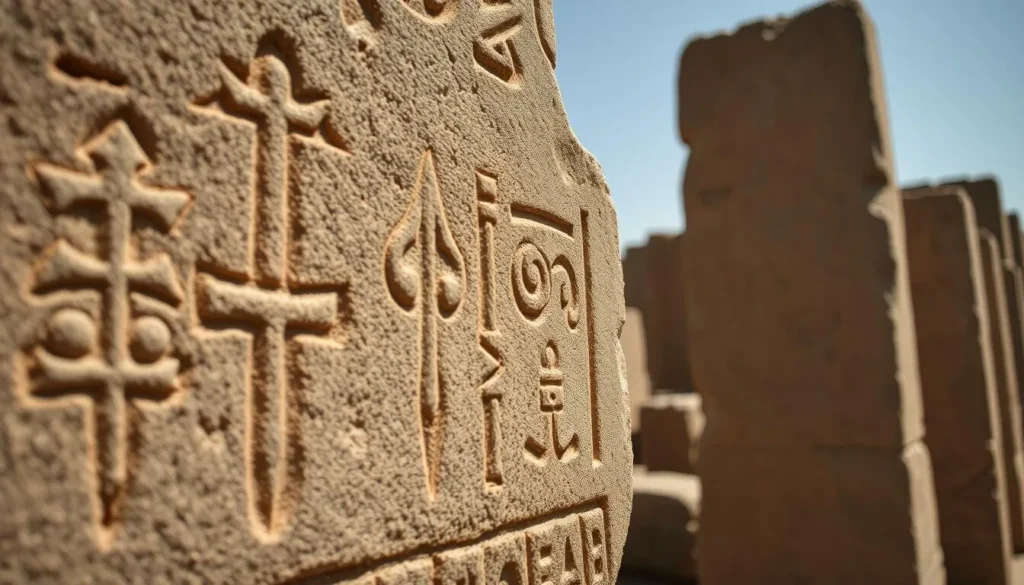 Close-up of carved symbols on Tiya Archaeological Site Ethiopia stelae