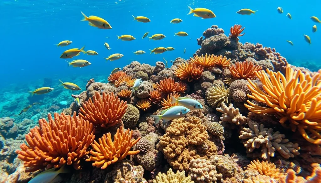 Close-up of colorful coral formations and tropical fish at Balicasag Marine Sanctuary