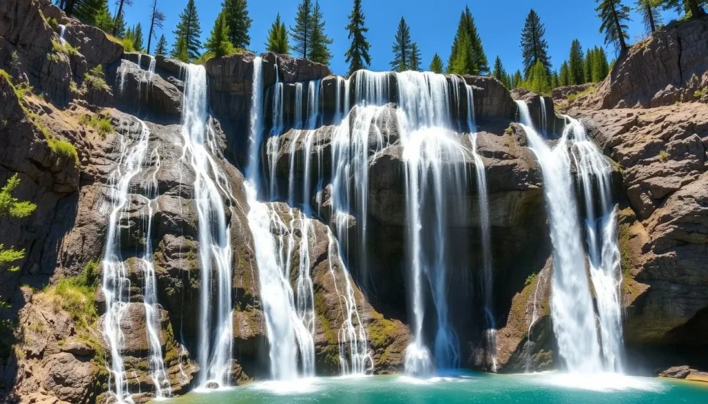 Close-up view of Burney Falls showing water cascading from both the top and middle of the cliff face Close-up view of Burney Falls showing water cascading from both the top and middle of the cliff face