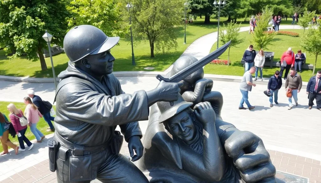 Close-up view of the Tyl-Frontu monument with the park area surrounding it
