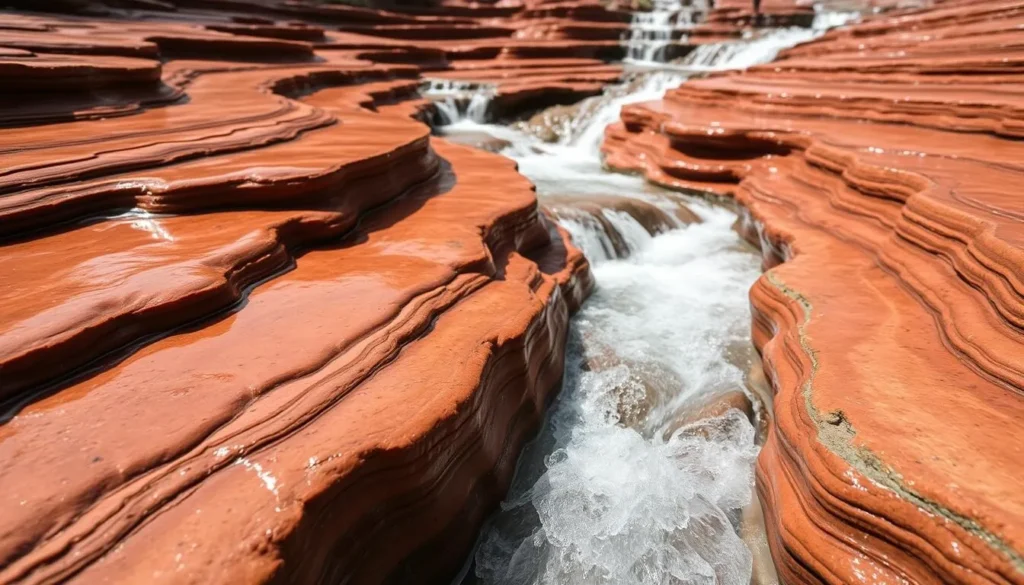 Close-up view of the unique red jasper terraces at Orinduik Falls Guyana