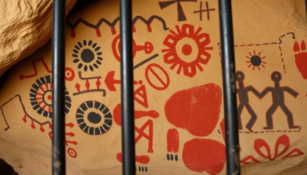Close-up view of the vibrant red and black Chumash rock art designs visible through the protective gate at Chumash Painted Cave State Historic Park Close-up view of the vibrant red and black Chumash rock art designs visible through the protective gate at Chumash Painted Cave State Historic Park