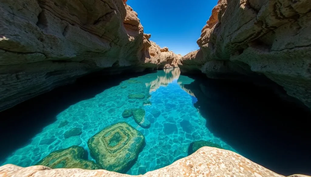 Close view of the Blue Hole Santa Rosa showing its incredible water clarity and depth Close view of the Blue Hole Santa Rosa showing its incredible water clarity and depth