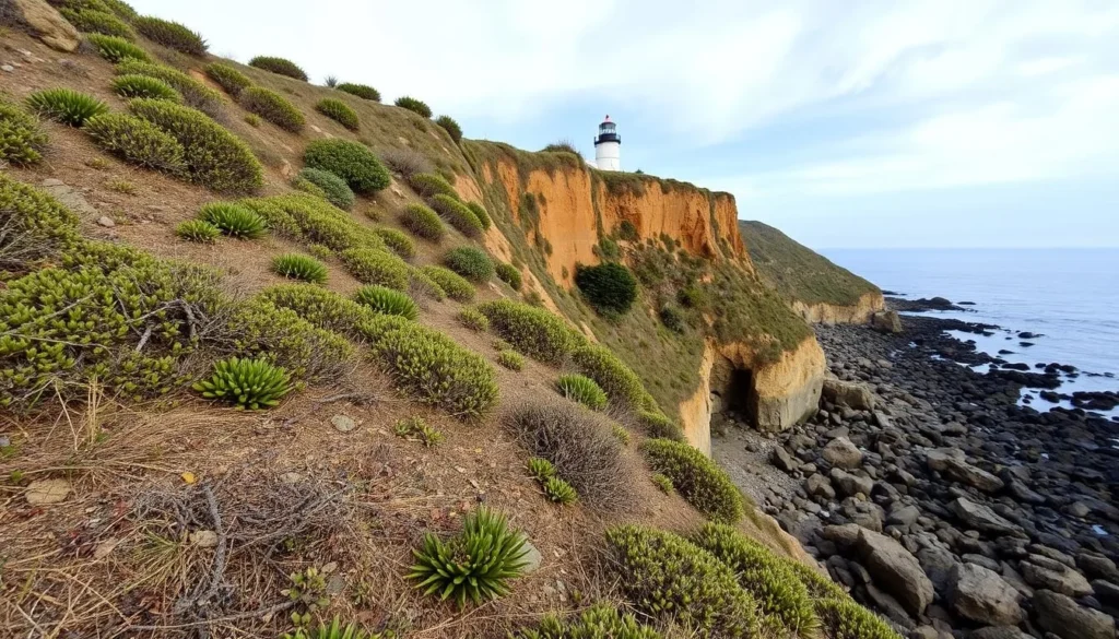 Coastal bluffs at Point Cabrillo Light Station showing the natural terrain and safety considerations