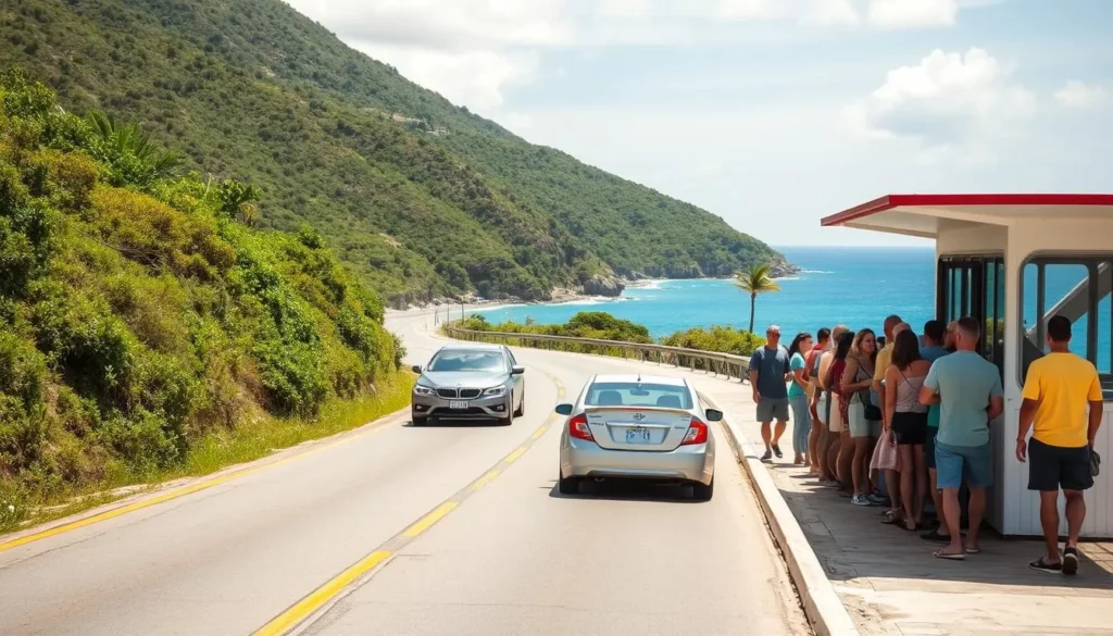 Coastal road along Little Bay St. Martin with rental cars and local transportation