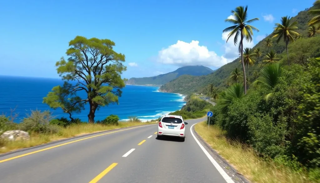 Coastal road along Vieux Fort with rental car and ocean view