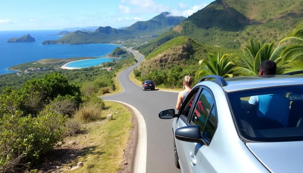 Coastal road in Montserrat with rental car and views of Little Bay