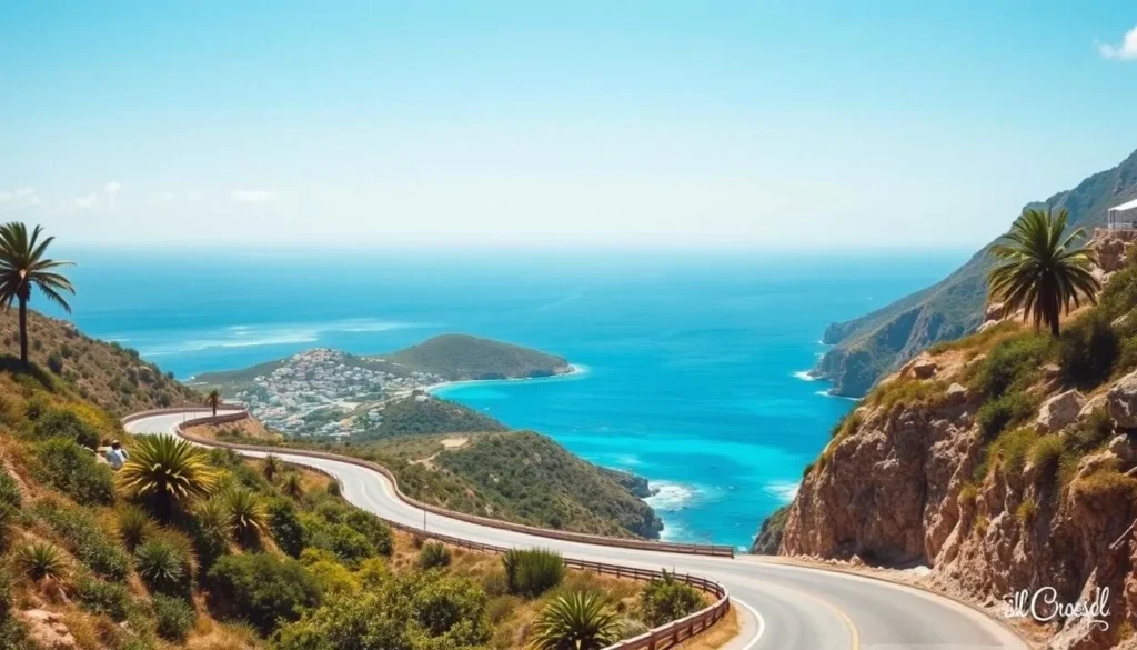 Coastal road leading to Corossol village with ocean views