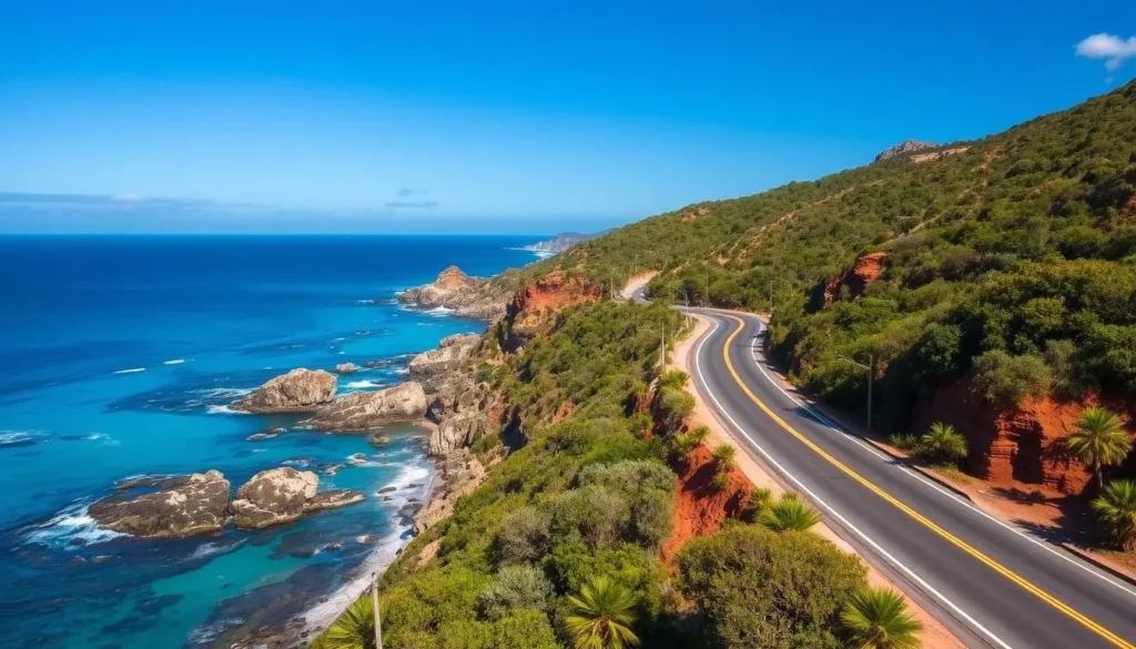 Coastal road on Grande Terre Island with beautiful ocean views
