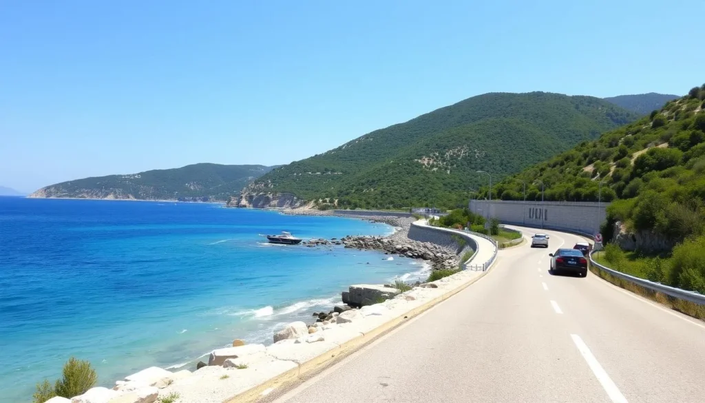 Coastal road on Krk Island with cars driving along the picturesque shoreline Coastal road on Krk Island with cars driving along the picturesque shoreline