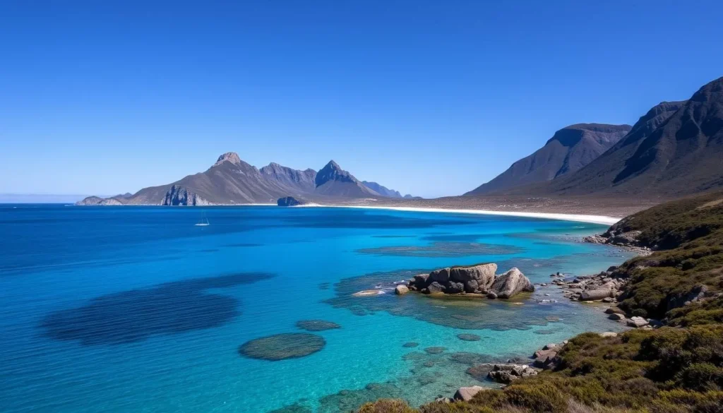 Coastal view of Furneaux Islands, Tasmania showing mountains meeting beaches - a perfect destination for travelers