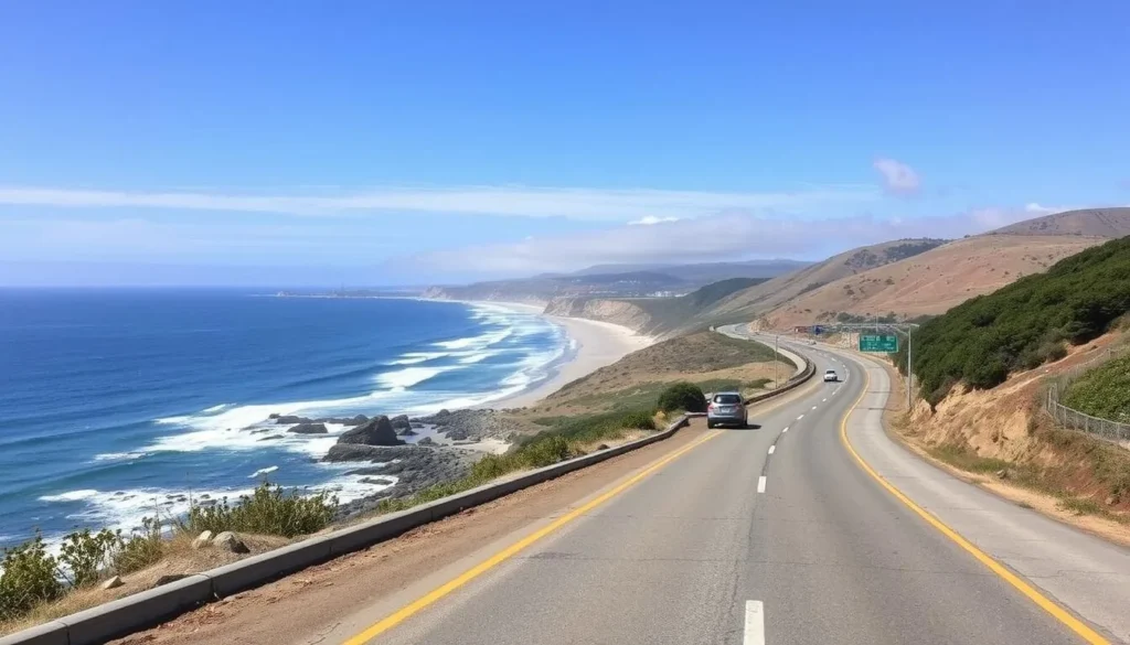 Coastal view of Pelican State Beach California showing the highway approach
