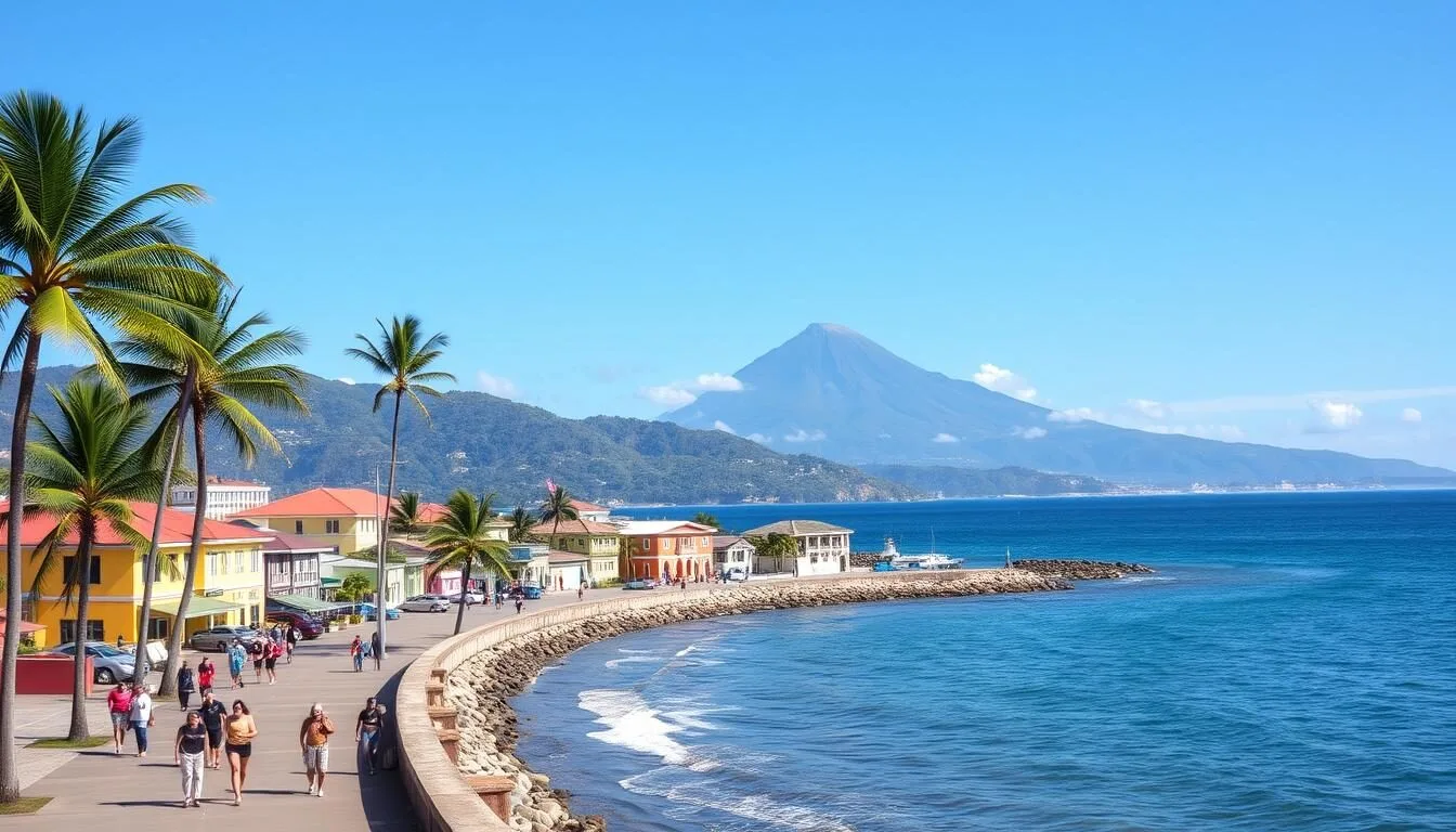 Coastal view of Saint-Pierre Martinique with Mount Pelée in the background