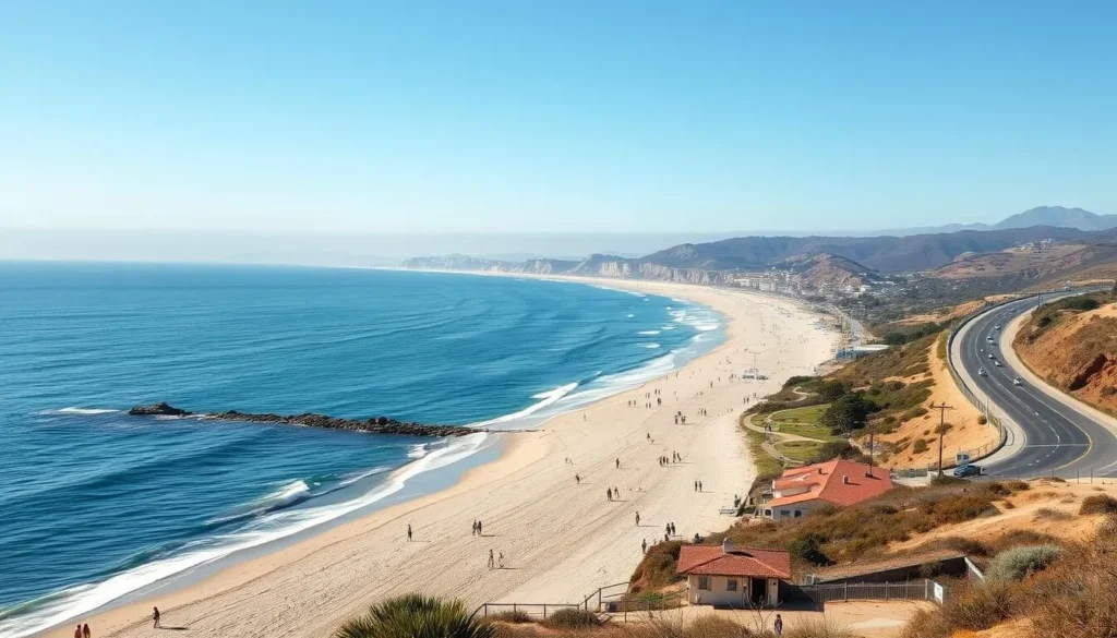 Coastal view of San Elijo State Beach California with Highway 101 visible Coastal view of San Elijo State Beach California with Highway 101 visible