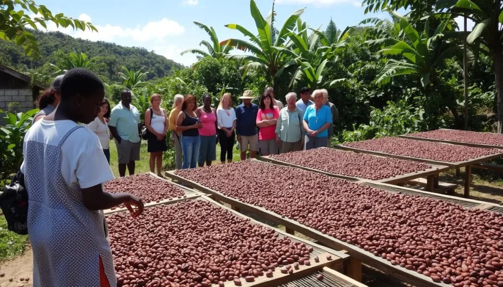 Cocoa beans drying in the sun at Fond Doux Plantation with workers demonstrating traditional processing methods