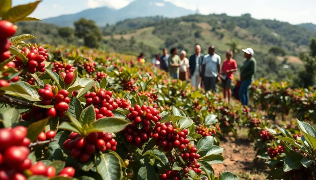 Coffee plantation tour near Mbale showing coffee plants and beans being harvested, highlighting the region's famous Arabica coffee production