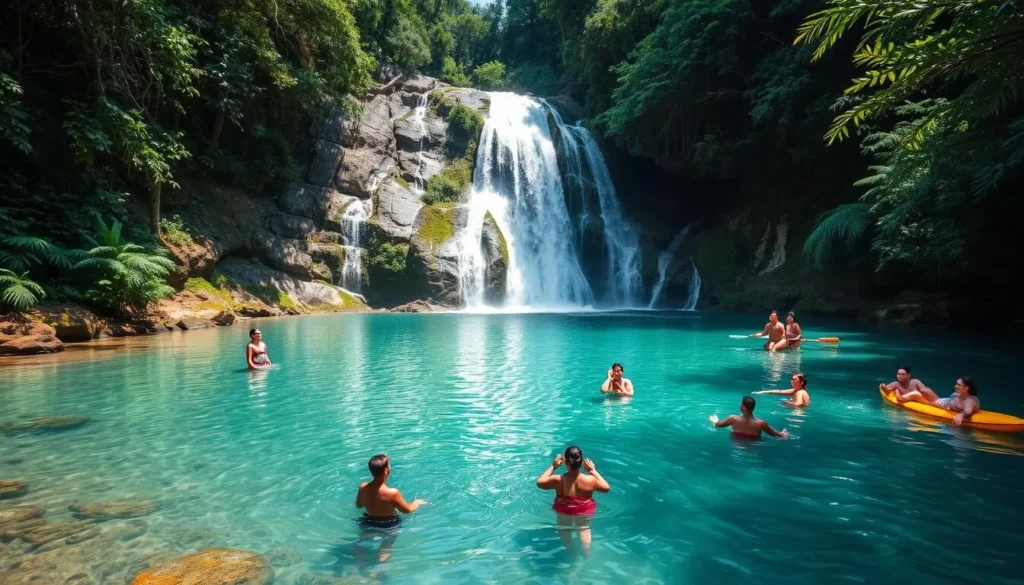 Colo-i-Suva Forest Park waterfall with people swimming