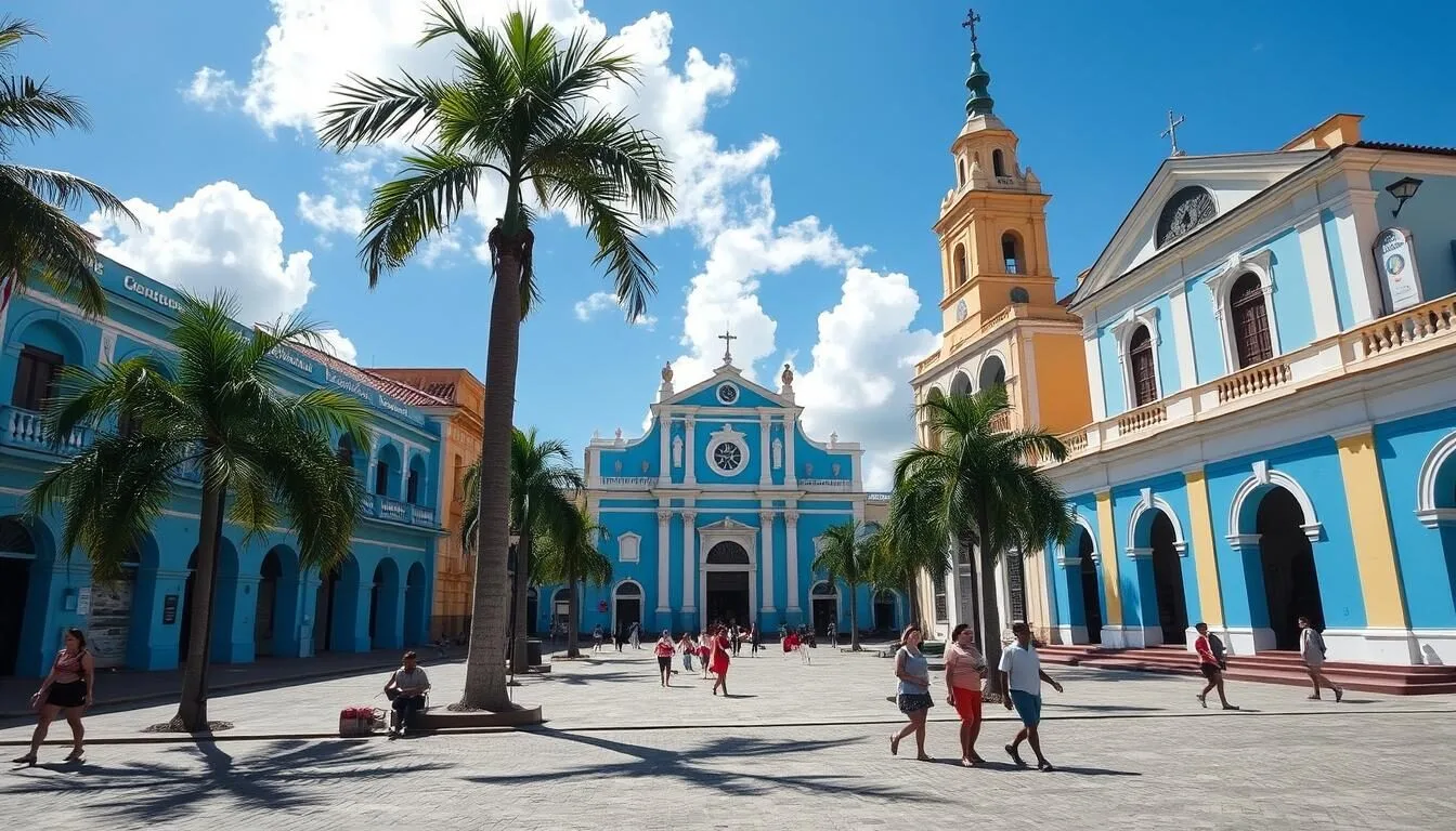 Colonial architecture and colorful buildings in Remedios Cuba main square with palm trees