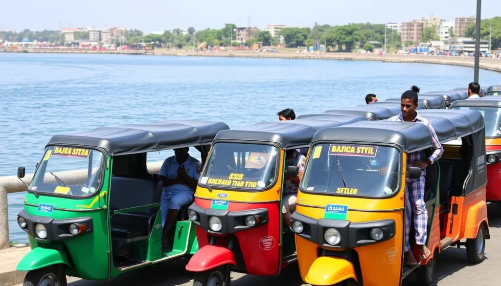 Colorful Bajaj (tuk-tuks) lined up near Lake Awassa waterfront waiting for passengers