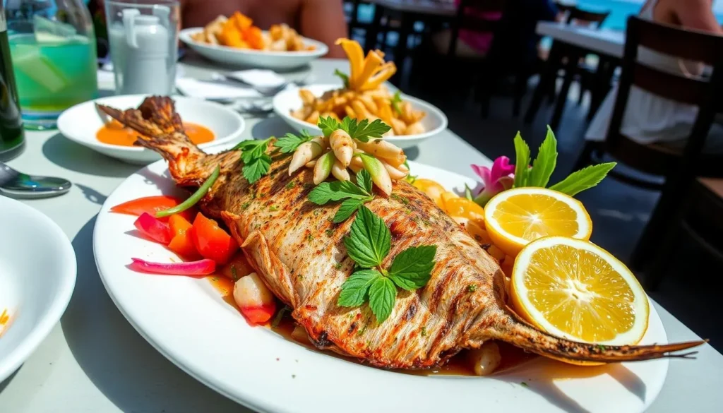 Colorful Caribbean seafood dish served at a restaurant in Philipsburg Colorful Caribbean seafood dish served at a restaurant in Philipsburg