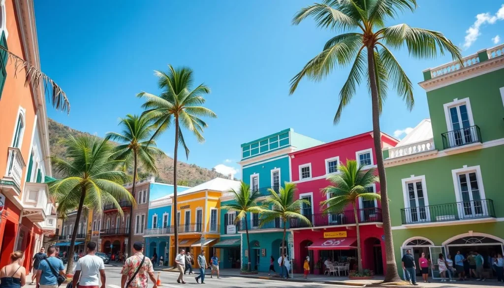 Colorful Caribbean-style buildings in downtown Basseterre, St. Kitts Colorful Caribbean-style buildings in downtown Basseterre, St. Kitts