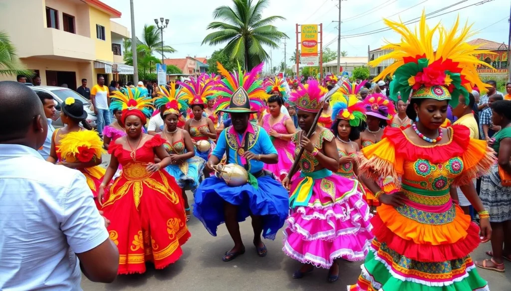 Colorful Carnival celebration in Les Cayes with dancers in traditional costumes