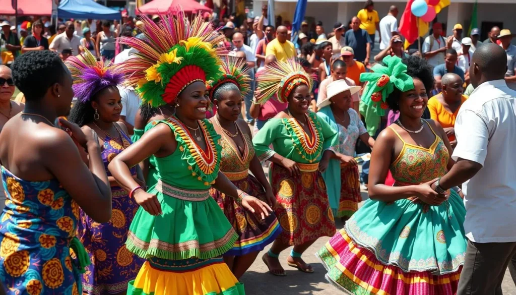 Colorful Culturama festival celebration in Nevis with dancers in traditional costumes Colorful Culturama festival celebration in Nevis with dancers in traditional costumes