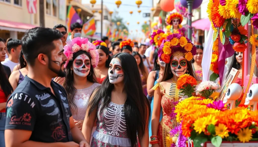Colorful Day of the Dead celebration in Cancun with traditional costumes and decorations Colorful Day of the Dead celebration in Cancun with traditional costumes and decorations