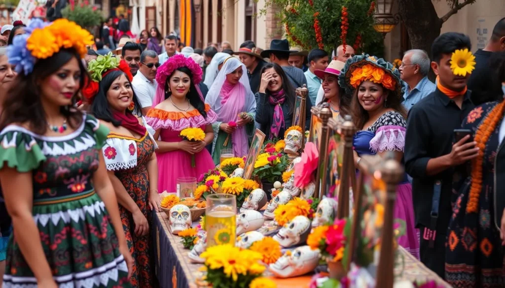 Colorful Dia de los Muertos celebration in Old Town San Diego with traditional decorations and costumes Colorful Dia de los Muertos celebration in Old Town San Diego with traditional decorations and costumes