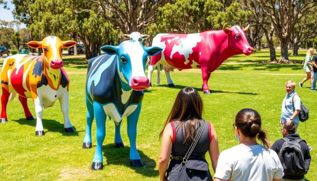 Colorful Moooving Art cow sculptures displayed in a Shepparton park