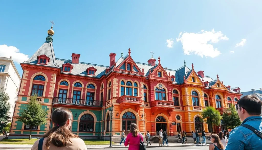 Colorful Sevastyanov's House in Yekaterinburg with tourists admiring the architecture