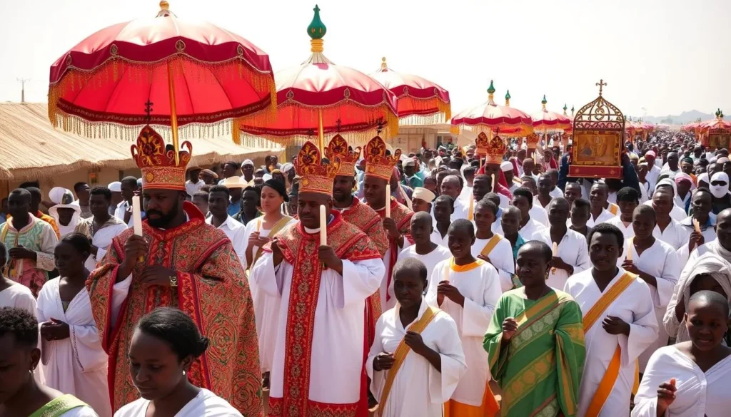 Colorful Timkat festival celebrations near Lake Tana with processions and traditional clothing Colorful Timkat festival celebrations near Lake Tana with processions and traditional clothing