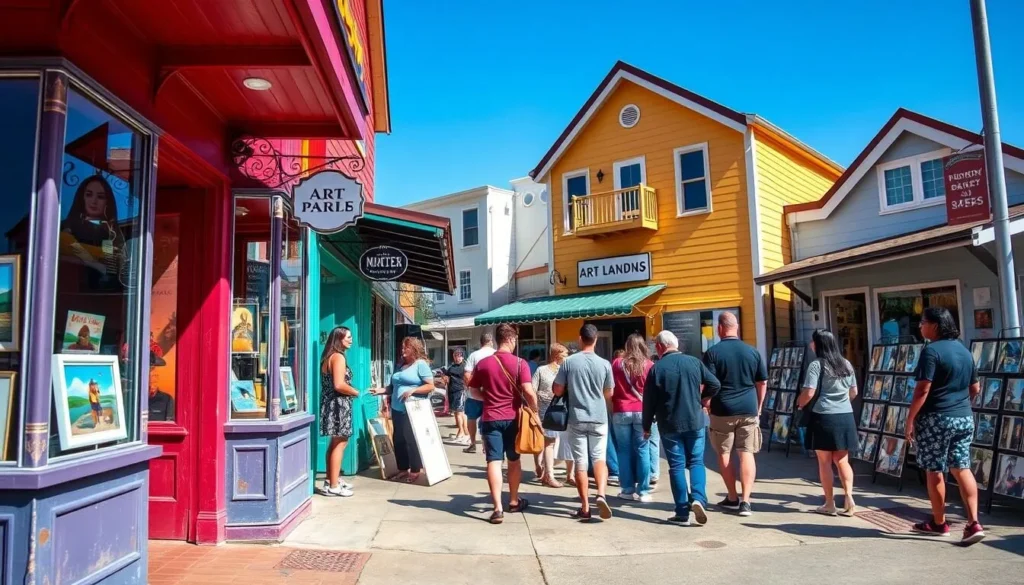 Colorful art gallery and shops in Moss Landing with local artwork on display Colorful art gallery and shops in Moss Landing with local artwork on display