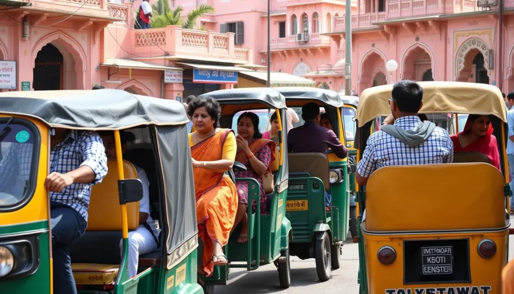 Colorful auto-rickshaws and tuk-tuks on a busy street in Jaipur with tourists boarding