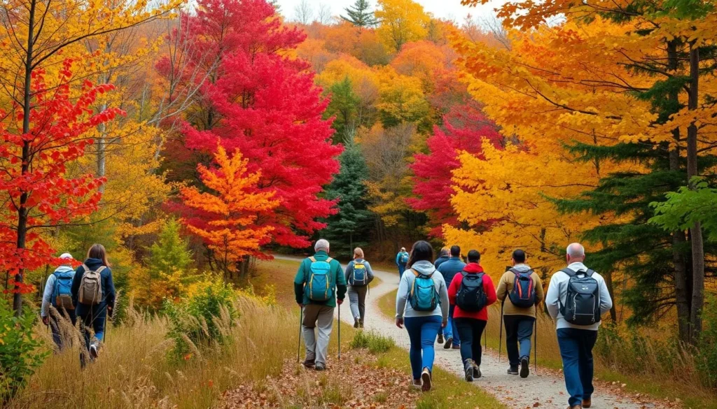 Colorful autumn foliage at Ryerson Station State Park with hikers enjoying the trails Colorful autumn foliage at Ryerson Station State Park with hikers enjoying the trails