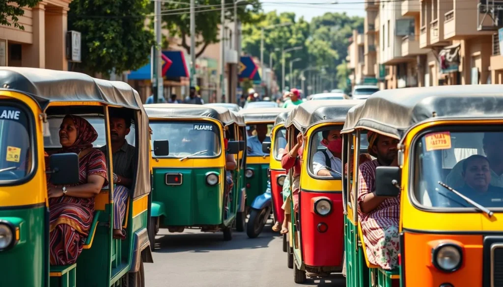 Colorful bajaj (tuk-tuks) lined up on a street in Awassa with local passengers