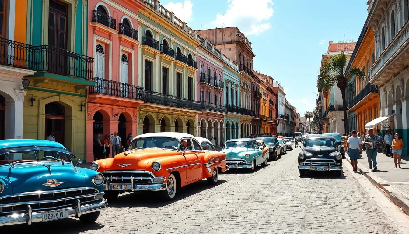 Colorful buildings and classic cars in Old Havana, Cuba