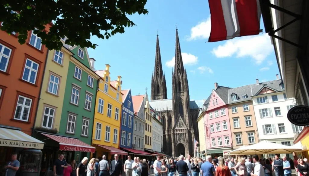 Colorful buildings at Cologne's Fischmarkt with Great St. Martin Church in the background