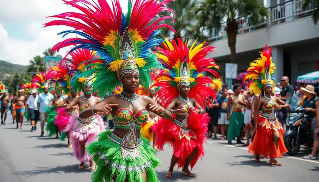 Colorful carnival dancers performing during St. Kitts and Nevis Carnival celebration Colorful carnival dancers performing during St. Kitts and Nevis Carnival celebration
