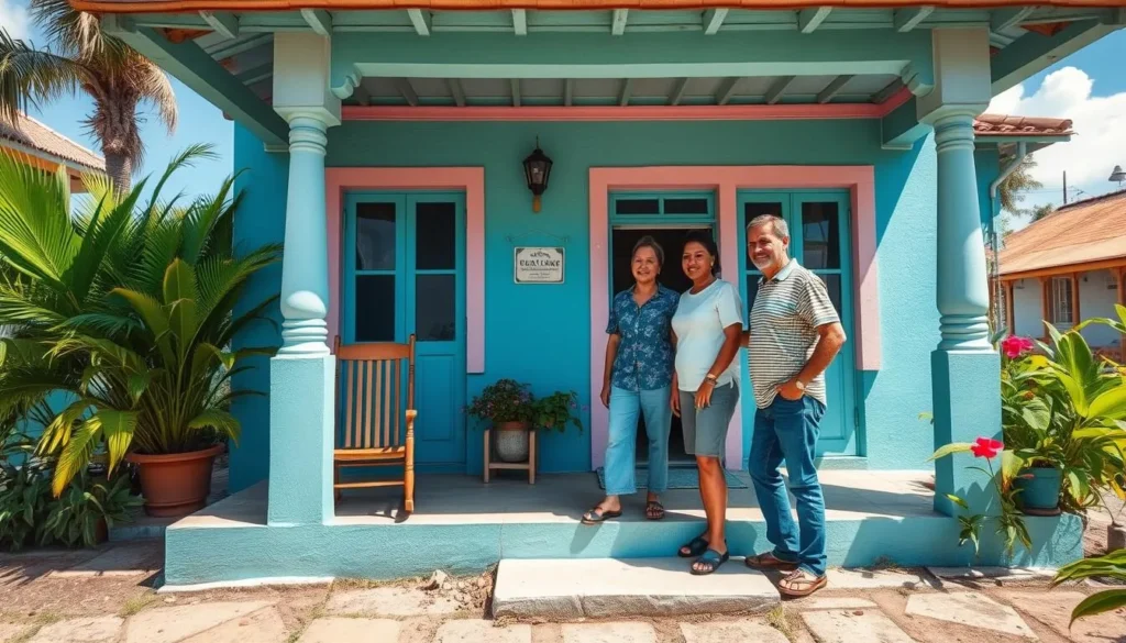 Colorful casa particular in Viñales with rocking chairs on the porch and tropical plants in the garden