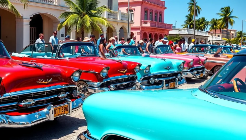 Colorful classic American cars from the 1950s parked along Varadero's main street