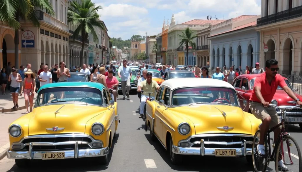 Colorful classic cars and bici-taxis on a street in Holguin city center