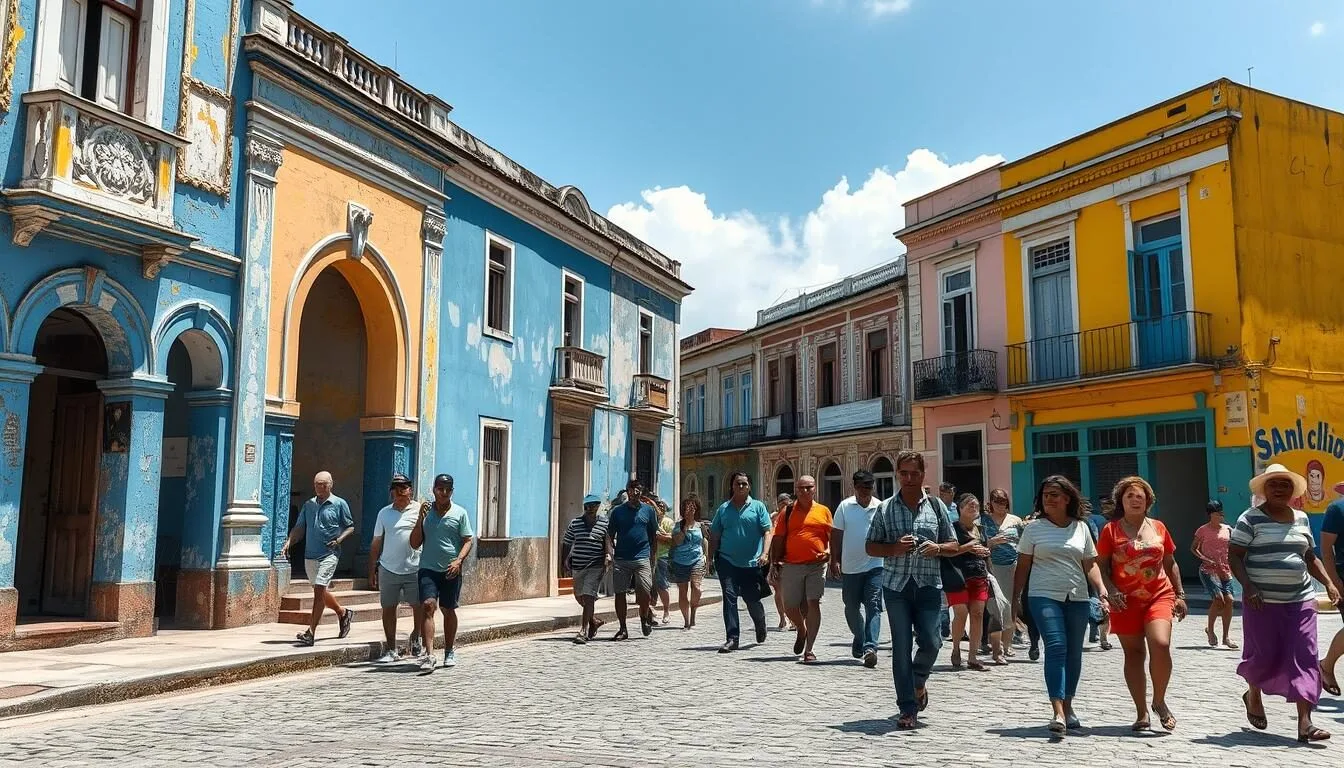 Colorful colonial buildings in San Cristobal, Cuba with locals walking along the street