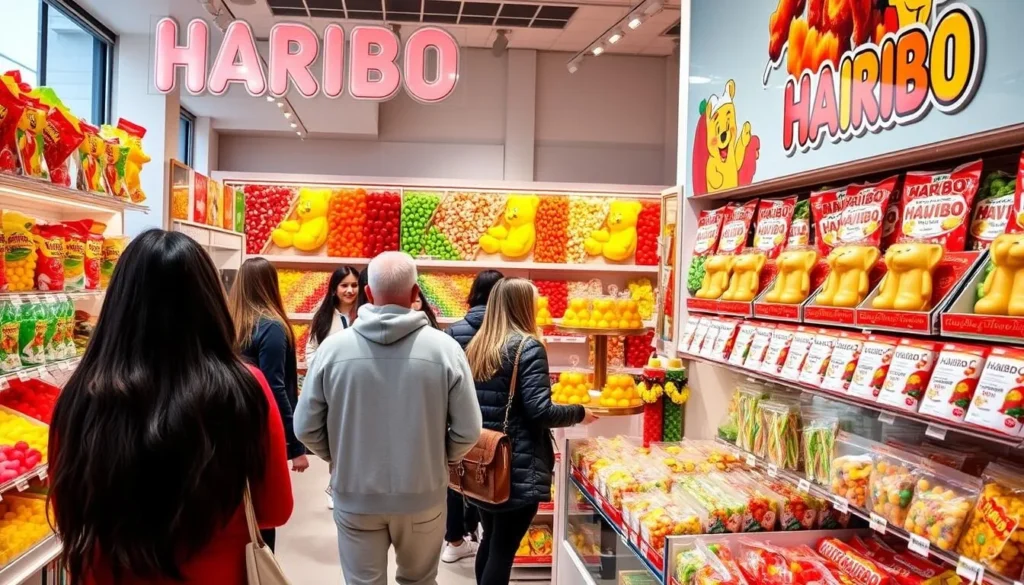 Colorful display at the Haribo Store in Bonn showing various gummy candies
