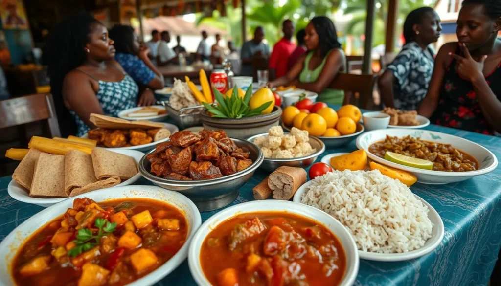 Colorful display of Guyanese cuisine including pepperpot, cook-up rice, and fresh tropical fruits