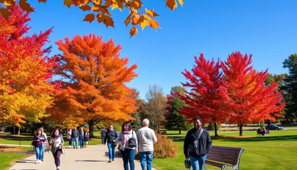 Colorful fall foliage in Danville, Illinois park with visitors enjoying the autumn scenery Colorful fall foliage in Danville, Illinois park with visitors enjoying the autumn scenery