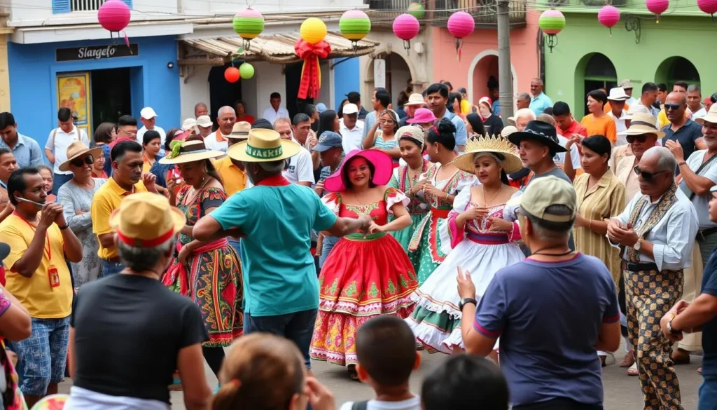 Colorful festival celebration in Ranchuelo Cuba with traditional dancers and music
