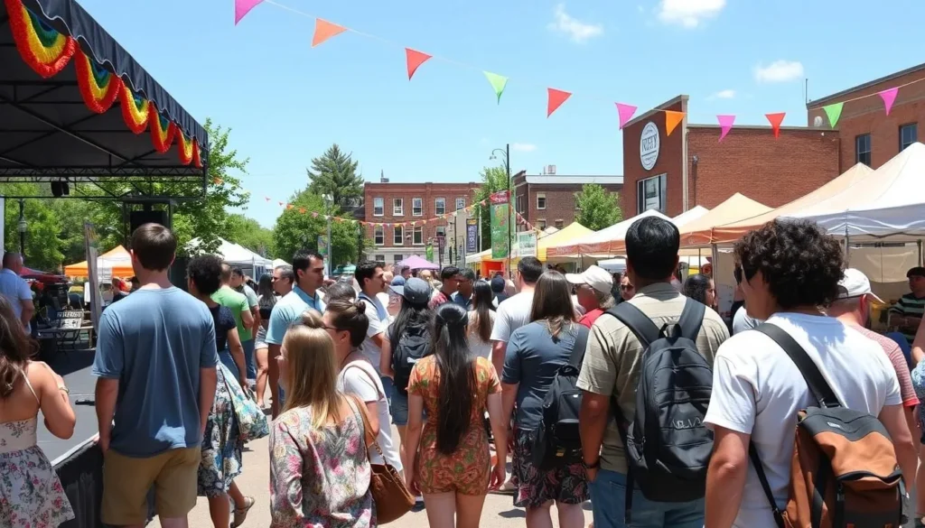 Colorful festival scene in Danville with diverse attendees enjoying live music and cultural activities Colorful festival scene in Danville with diverse attendees enjoying live music and cultural activities